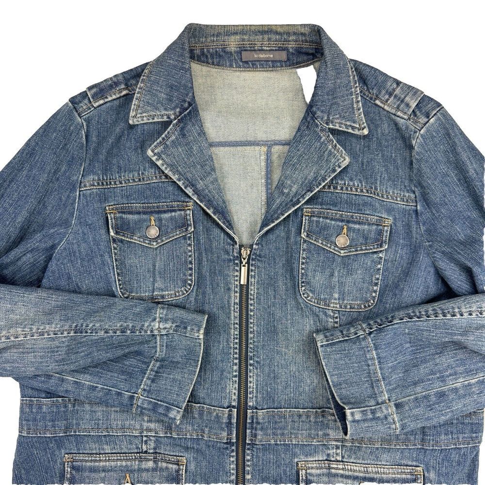VTG LIZ Claiborne Blazer Blue Denim Jean Jacket Blazer Distressed Women's XL